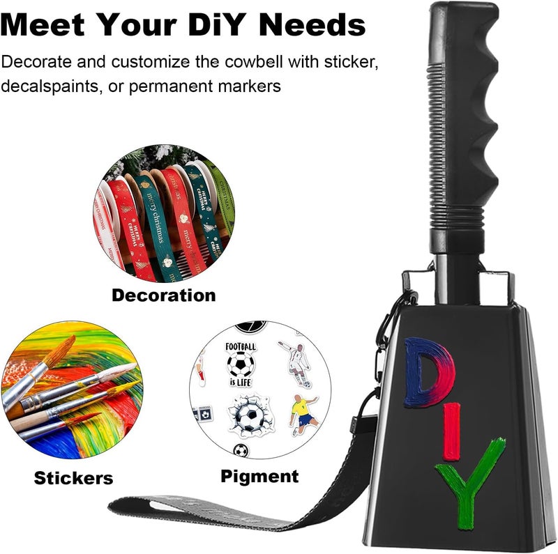 CHMI Cow Bells with Wrist Strap - Cowbell with Handle 2pcs, Customizable Cowbells for Sporting Events, for Football Games,Chimes, Percussion, Musical Instruments, Call Bell, Farm Ranch (black) - Image 2